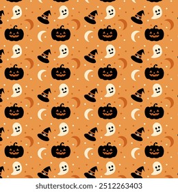 Espeluznante patrón de Halloween con sombrero de bruja, calabaza, luna, fantasma. Diseño textil de otoño. Fondo de pantalla de la fiesta del monstruo. Decoración de horror de octubre.