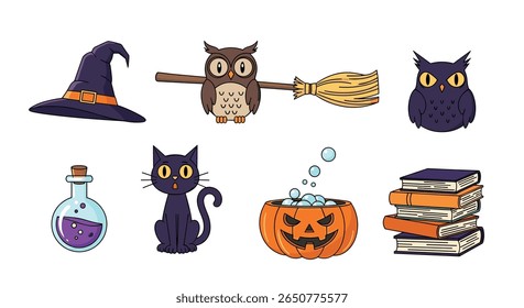 Spooky halloween pixel art icons of witch hat owl broom potion black cat pumpkin cauldron and stack of books