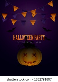 Spooky Halloween poster design with flying bats, pumpkin head and a spider. Halloween banner design. Vector illustration.
