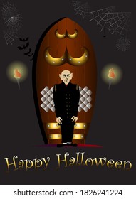 Spooky Halloween Poster Featuring Butler And Mansion Door For Greeting Cards, Invitations And Emblem Use.