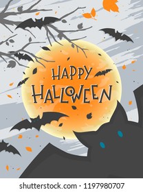 Spooky Halloween poster with lettering,bats and full moon.Halloween design perfect for prints,flyers,banners, invitations,greeting cards, scrapbooking and more.Vector Halloween illustration.