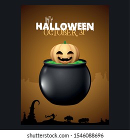 Spooky halloween poster with a pumpkin in a witch cauldron - Vector illustration