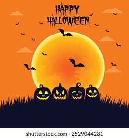 Spooky Halloween poster with pumpkins, moon, bats and grave