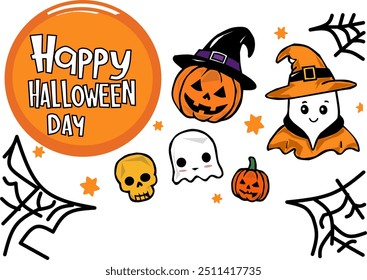 Espeluznante Plantilla de Vector de cartel de Halloween con luna grande, fantasma de calabaza, sombrero de mago, lindo fantasma, cráneo y Web de araña. Ideal para diseños con temática de Halloween