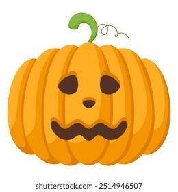 Spooky Halloween pumpkin with angry face expression. Vector illustration of cartoon character. Hand drawn colorful autumn pumpkin isolated on white background.