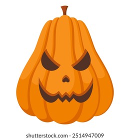 Spooky Halloween pumpkin with angry face expression. Vector illustration of cartoon character. Hand drawn colorful autumn pumpkin isolated on white background.