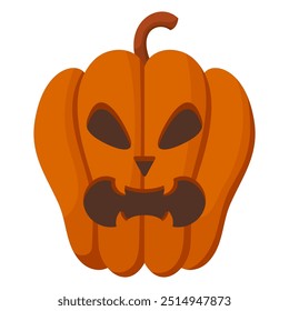 Spooky Halloween pumpkin with angry face expression. Vector illustration of cartoon character. Hand drawn colorful autumn pumpkin isolated on white background.