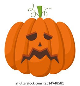 Spooky Halloween pumpkin with angry face expression. Vector illustration of cartoon character. Hand drawn colorful autumn pumpkin isolated on white background.