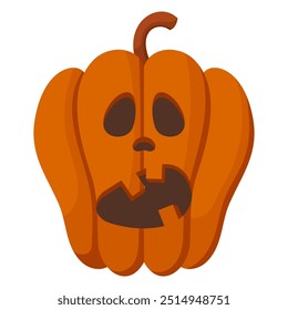 Spooky Halloween pumpkin with angry face expression. Vector illustration of cartoon character. Hand drawn colorful autumn pumpkin isolated on white background.