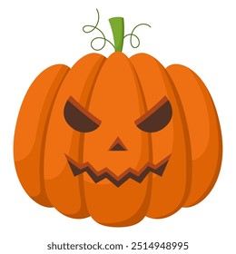 Spooky Halloween pumpkin with angry face expression. Vector illustration of cartoon character. Hand drawn colorful autumn pumpkin isolated on white background.