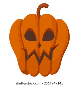 Spooky Halloween pumpkin with angry face expression. Vector illustration of cartoon character. Hand drawn colorful autumn pumpkin isolated on white background.