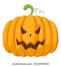 Spooky Halloween pumpkin with angry face expression. Vector illustration of cartoon character. Hand drawn colorful autumn pumpkin isolated on white background.