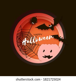 Spooky Halloween pumpkin, bat and spider. Happy Halloween. Mystical night. Circle frame. Space for text.