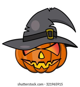 Spooky Halloween Pumpkin in a big black witch's hat isolated on white background.