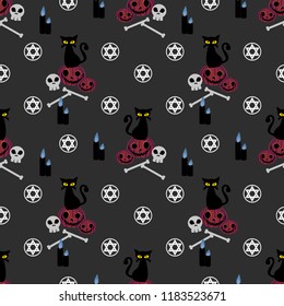 Spooky Halloween pumpkin and black cat seamless pattern. Halloween witch concept.