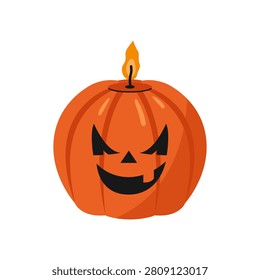 Spooky Halloween pumpkin candle vector illustration with carved scary face and burning flame