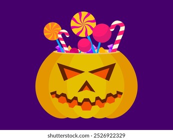 Spooky Halloween pumpkin candy bucket with lollipops and candy canes. Jack-O'-Lantern Illustration. Pumpkin filled to the brim with sweets. Festive illustration for Halloween. Vector illustration