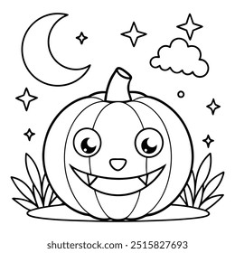 Spooky Halloween Pumpkin Coloring Page for Kids and Adults - Printable and Fun!.Spooky cute face Pumpkin. Vector coloring page in cartoon style.