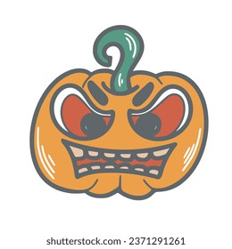 Spooky halloween pumpkin doodle illustration. Autumn vegetable with carved face clip art. Scary pumpkin character, isolated vector illustration