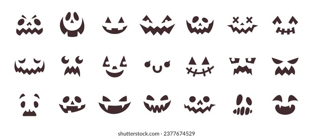 Spooky halloween pumpkin faces, scary monster or ghost face expressions. Creepy character evil eyes and smile, autumn holiday horror decor element, funny pumpkin lantern cut out silhouette vector set