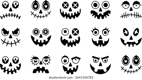 Spooky Halloween Pumpkin Faces Vector Set, Scary Jack-o’-Lantern Silhouettes	