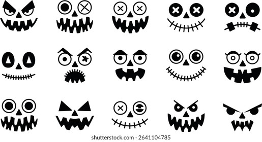 Spooky Halloween Pumpkin Faces Vector Set, Scary Jack-o’-Lantern Silhouettes	