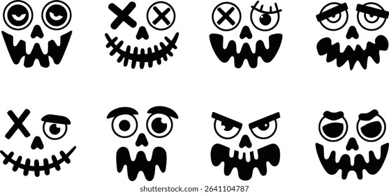 Spooky Halloween Pumpkin Faces Vector Set, Scary Jack-o’-Lantern Silhouettes	