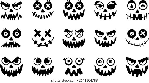 Spooky Halloween Pumpkin Faces Vector Set, Scary Jack-o’-Lantern Silhouettes	