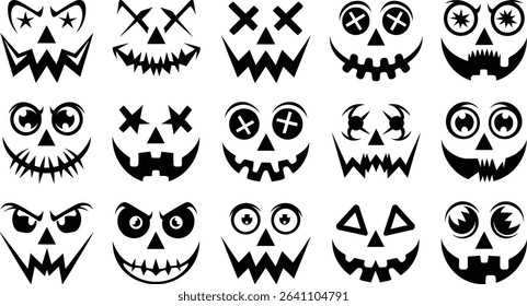 Spooky Halloween Pumpkin Faces Vector Set, Scary Jack-o’-Lantern Silhouettes	