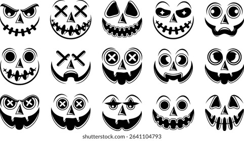 Spooky Halloween Pumpkin Faces Vector Set, Scary Jack-o’-Lantern Silhouettes	