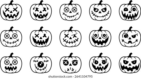 Spooky Halloween Pumpkin Faces Vector Set, Scary Jack-o’-Lantern Silhouettes	