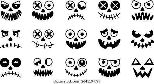 Spooky Halloween Pumpkin Faces Vector Set, Scary Jack-o’-Lantern Silhouettes	