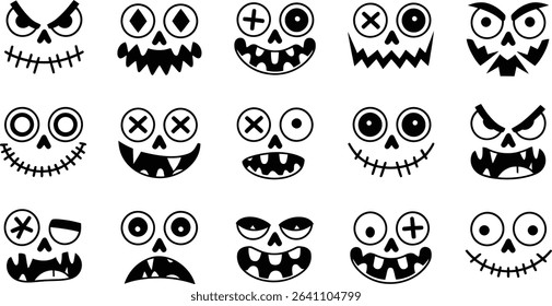 Spooky Halloween Pumpkin Faces Vector Set, Scary Jack-o’-Lantern Silhouettes	