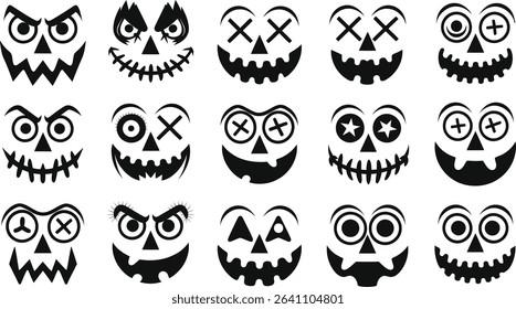 Spooky Halloween Pumpkin Faces Vector Set, Scary Jack-o’-Lantern Silhouettes	