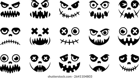 Spooky Halloween Pumpkin Faces Vector Set, Scary Jack-o’-Lantern Silhouettes	