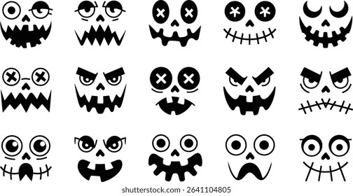 Spooky Halloween Pumpkin Faces Vector Set, Scary Jack-o’-Lantern Silhouettes	