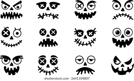 Spooky Halloween Pumpkin Faces Vector Set, Scary Jack-o’-Lantern Silhouettes	