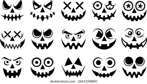 Spooky Halloween Pumpkin Faces Vector Set, Scary Jack-o’-Lantern Silhouettes	