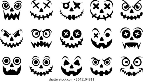 Spooky Halloween Pumpkin Faces Vector Set, Scary Jack-o’-Lantern Silhouettes	