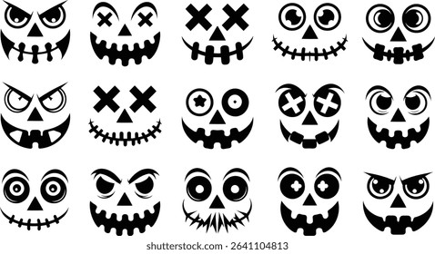 Spooky Halloween Pumpkin Faces Vector Set, Scary Jack-o’-Lantern Silhouettes	