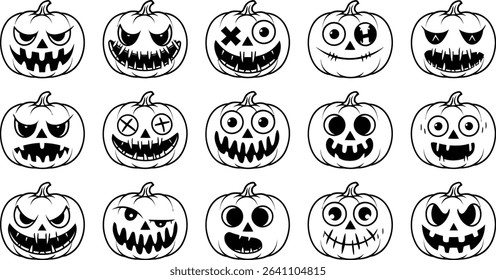 Spooky Halloween Pumpkin Faces Vector Set, Scary Jack-o’-Lantern Silhouettes	
