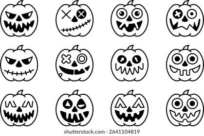 Spooky Halloween Pumpkin Faces Vector Set, Scary Jack-o’-Lantern Silhouettes	