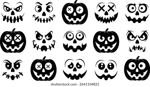 Spooky Halloween Pumpkin Faces Vector Set, Scary Jack-o’-Lantern Silhouettes	