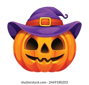 Spooky halloween pumpkin with hat. Vector cartoon character illustration