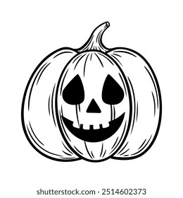 Ilustração de abóbora de Halloween assustador no estilo de arte de linha. Rindo de Jack o desenho gráfico monocromático lanterna. Esboço desenhado à mão, ilustração gravada. Para colorir livro, convite, decoração