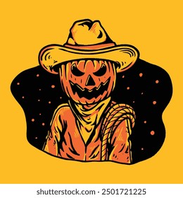 Spooky Halloween Pumpkin Illustration with Vintage Style and Cowboy Costume Featuring Western Horror Theme