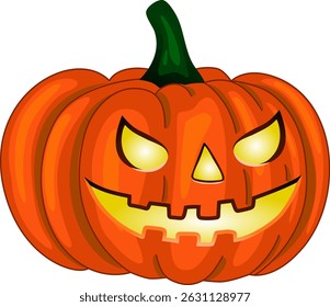 Spooky Halloween pumpkin isolated on transparent background, smiling Halloween pumpkin character with glowing eyes, vector illustration,