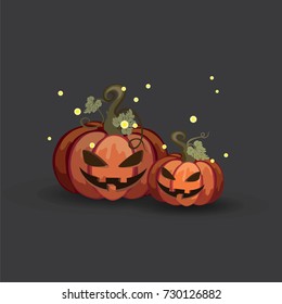 Spooky Halloween Pumpkin Jack-o-Lanterns with Fireflies isolated on black background