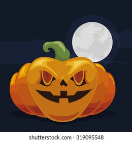 Spooky Halloween Pumpkin with Moon Background, Vector Illustration