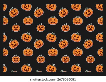 Spooky Halloween pumpkin pattern on black background Isolated Vector